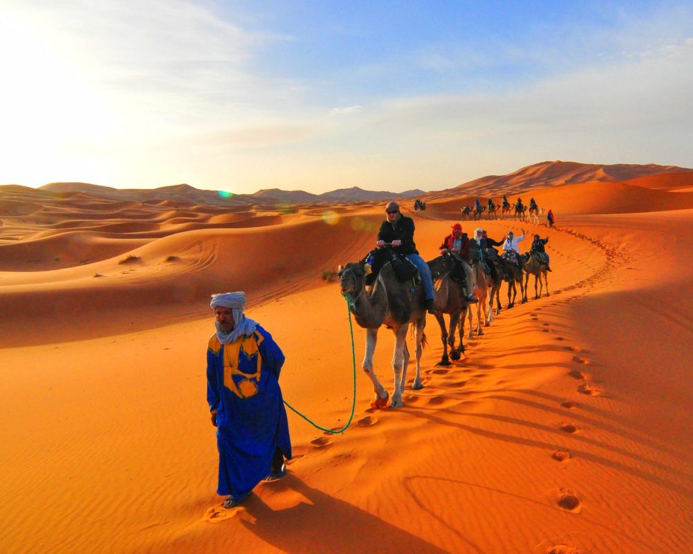 tourists riding camels in morocco sahara