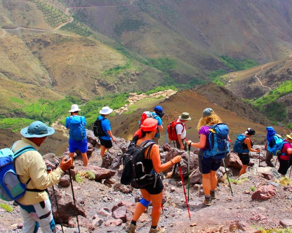 tourists trekkers in atlas mountains